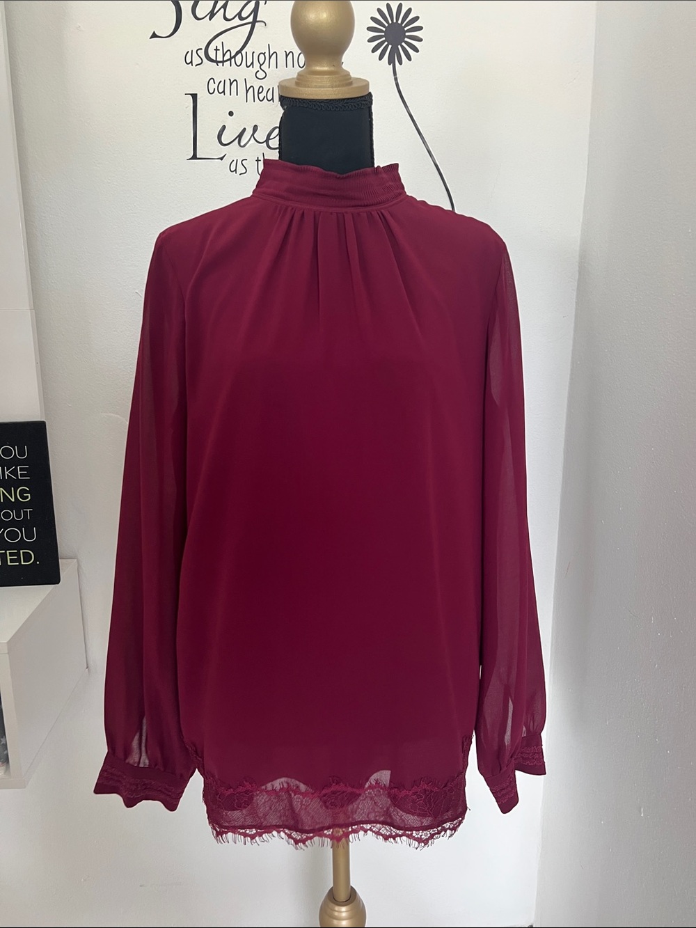 Karl Lagerfeld Burgundy Mock Neck Lace-Hem Blouse